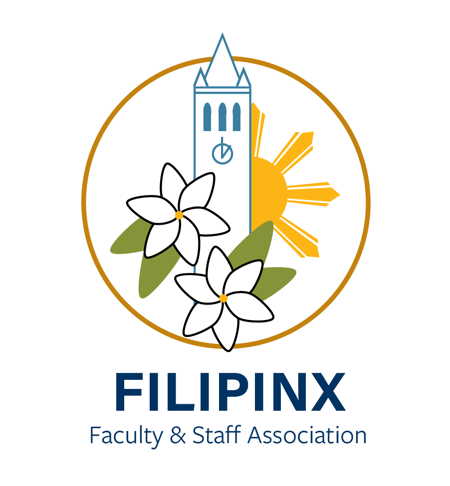 FFSA log: The Berkeley Campanile in the middle with the sun and rays from the flag of the Philippines on the right and two Sampaguita flowers on the left. A circle surrounds it to represent unity between the Filipino community and Cal.